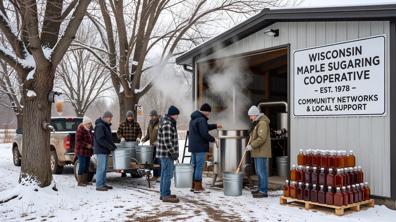 Group of people from a Windham County maple cooperative gathered around a sugarhouse evaporator discussing the season's progress