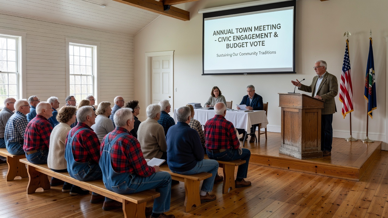 Participants discussing local issues at a New England town meeting